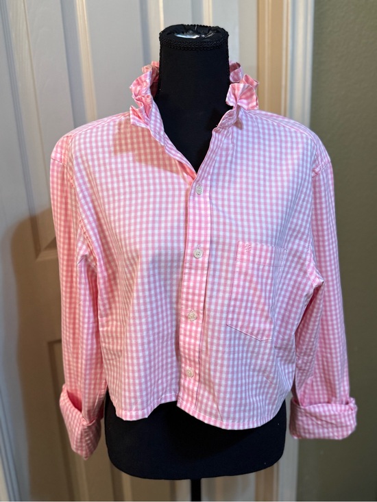 Izod Tops - Upcycled Pink Gingham Button-Up Shirt with Ruffle Collar